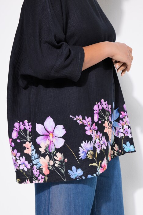 Blouse, oversized, mousseline, bloemen bij de zoom