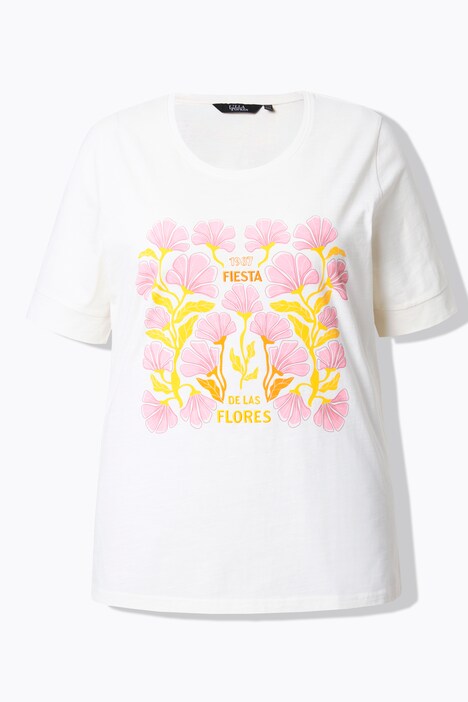 T-shirt, blomster, broderi, rund hals, korte ærmer