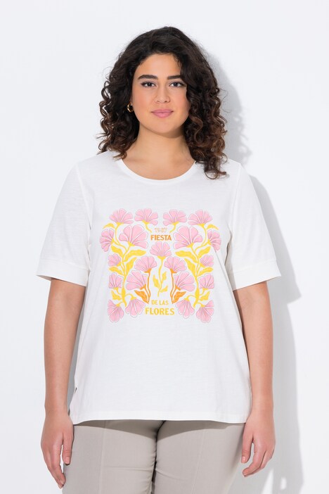 T-shirt, blomster, broderi, rund hals, korte ærmer