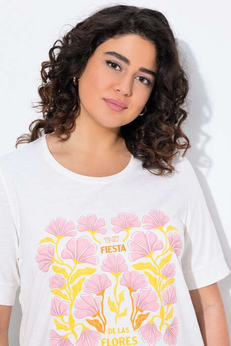 T-shirt, blomster, broderi, rund hals, korte ærmer