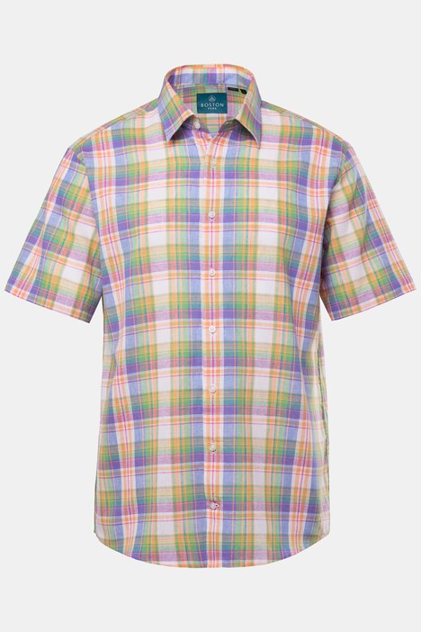 Chemise à carreaux Boston Park en lin mélangé, manches courtes et col Kent, coupe Comfort Fit - jusqu'au 8 XL