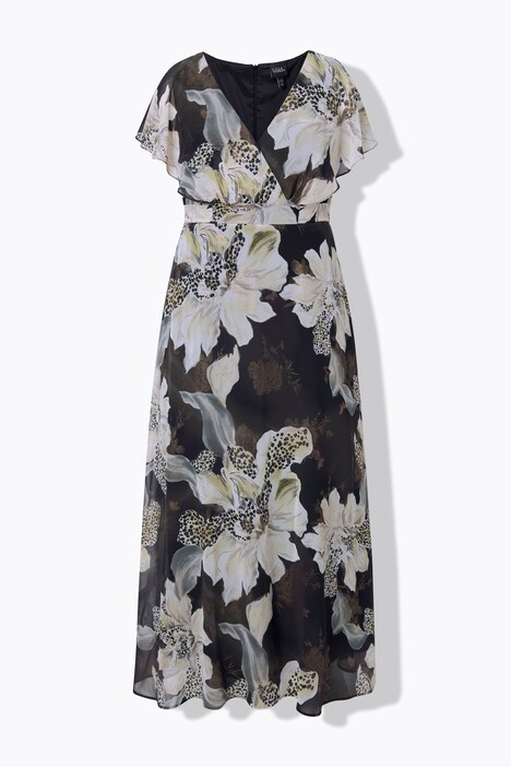 Robe maxi à ceinture. Décolleté V, manches papillon courtes