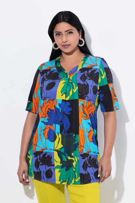 Patchwork Leaf Print Short Sleeve Slinky Top