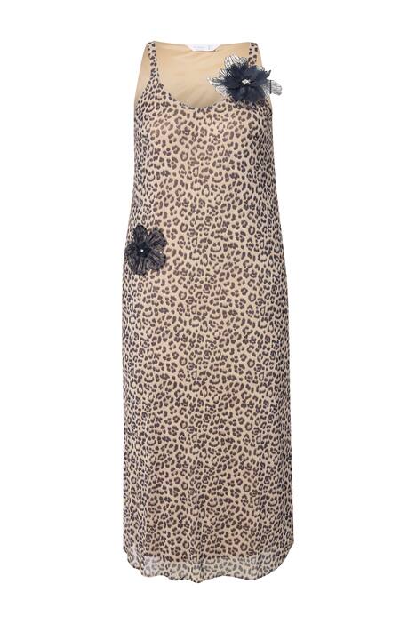 Síťované maxi šaty, A střih, leopardí vzor, 3D květy