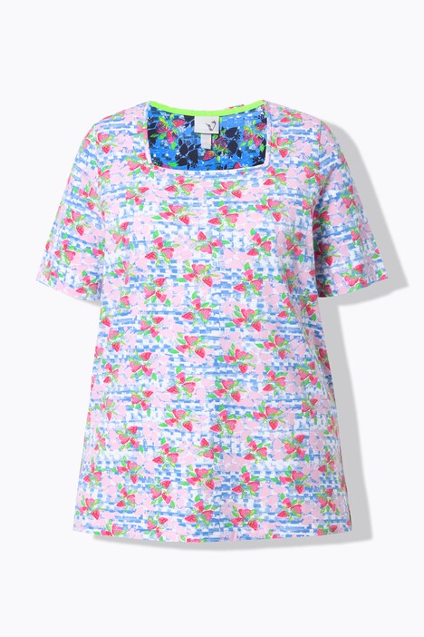 Checkered Strawberry Print Short Sleeve Square Neck Tee