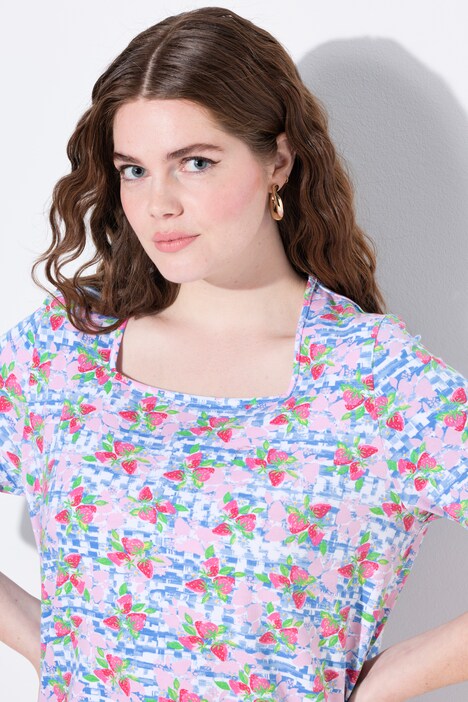 Checkered Strawberry Print Short Sleeve Square Neck Tee