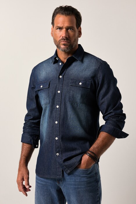 JP1880 denim overhemd, lange mouw, kentkraag, vintage look, modern fit, tot 8XL
