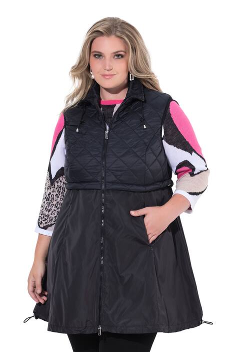 Dlouhá prošívaná vesta, prošívaný materiál a tkanina, dvoucestný zip