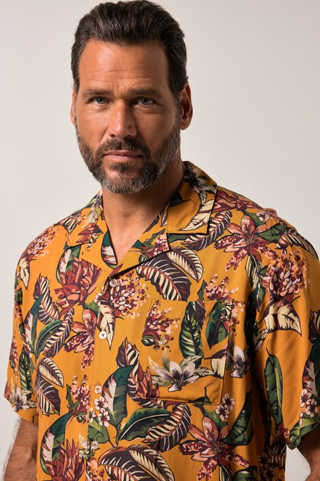 JP1880 viscose overhemd, korte mouwen, Cubaanse kraag, all-over print, Cuba-Fit, tot 8XL