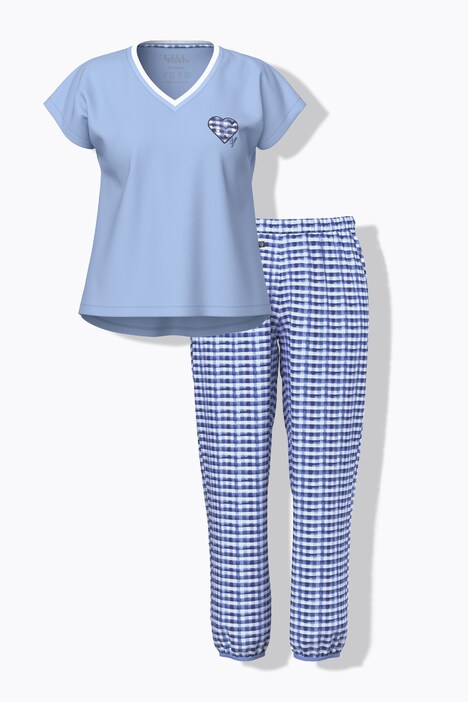 Pyjama à carreaux, T-shirt décolleté en V et manches courtes