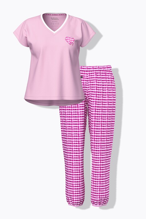 Pyjama à carreaux, T-shirt décolleté en V et manches courtes