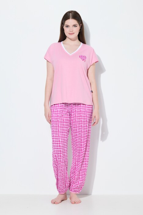 Pyjama à carreaux, T-shirt décolleté en V et manches courtes