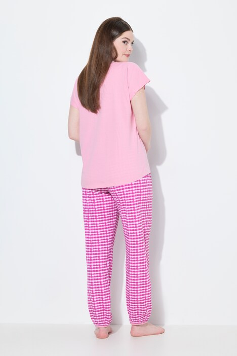 Pyjama à carreaux, T-shirt décolleté en V et manches courtes