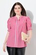 Geruite traditionele blouse, sierplooi, opstaande kraag, halflange pofmouw