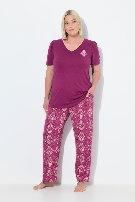 Pyjama, ruiten, V-hals, korte mouwen