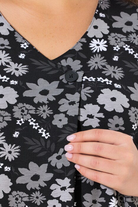 Jersey jurk, bloemen, A-lijn, V-hals, korte mouwen