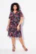 Robe midi, motif perroquets. manches cloche courtes et décolleté V. Coupe évasée