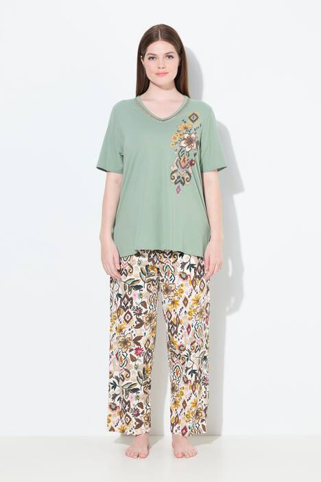 Pyjama, bloemen, V-hals, korte mouw