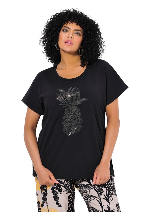 Tričko, ozdobné kamínky, ananas, oversize, kulatý výstřih, krátké rukávy
