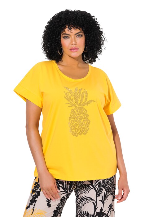 Tričko, ozdobné kamínky, ananas, oversize, kulatý výstřih, krátké rukávy
