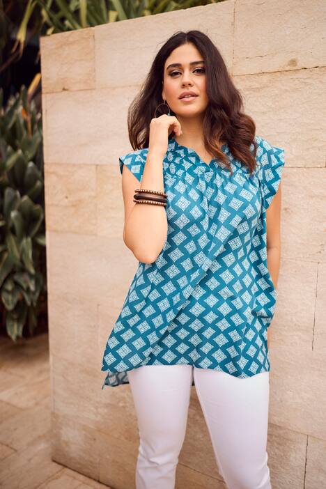 Blouse, biesjes, A-lijn, mouwloos