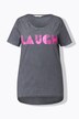 Camiseta, forma en A, letras LAUGH brillantes