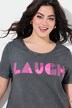 Camiseta, forma en A, letras LAUGH brillantes