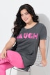Camiseta, forma en A, letras LAUGH brillantes