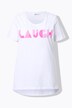 Camiseta, forma en A, letras LAUGH brillantes