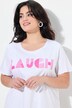 Camiseta, forma en A, letras LAUGH brillantes