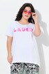 Camiseta, forma en A, letras LAUGH brillantes