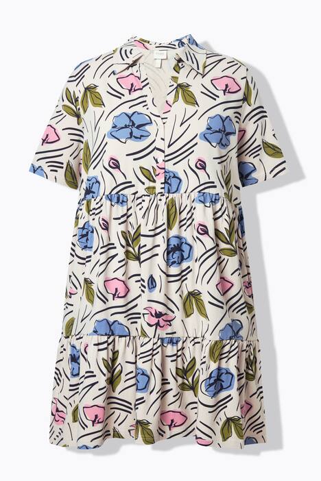 Longshirt, bloemen, A-lijn, polokraag, korte mouw