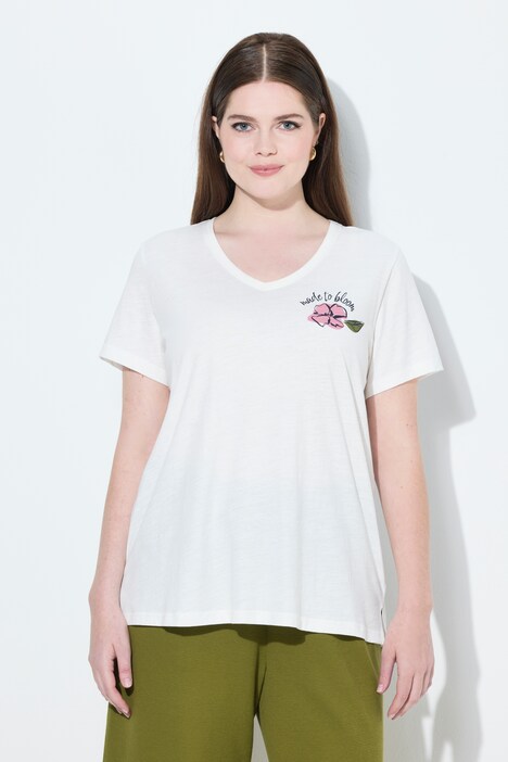 T-shirt, bloemen, V-hals, korte mouw, biologisch katoen