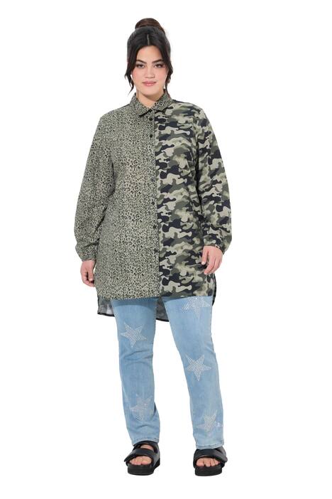 Dlouhá halenka, rovný střih, barevný leopardí a maskáčový vzor