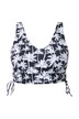 Bikiny top, měkké košíčky, palmový potisk, řasící stuhy