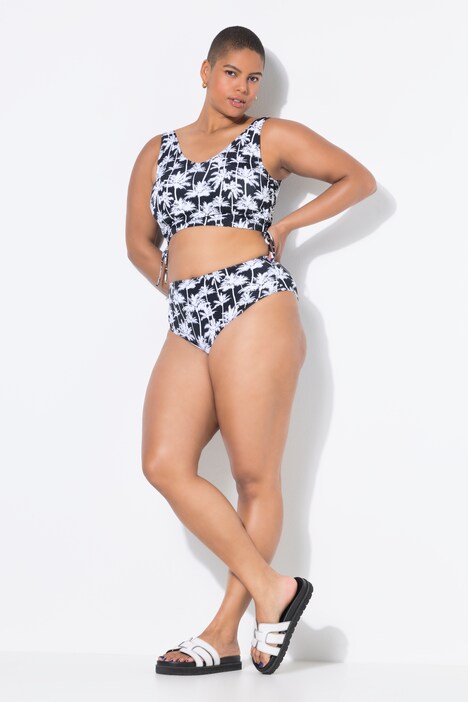 Bikinitup med softcups, palmeprint og rynkebånd i siden