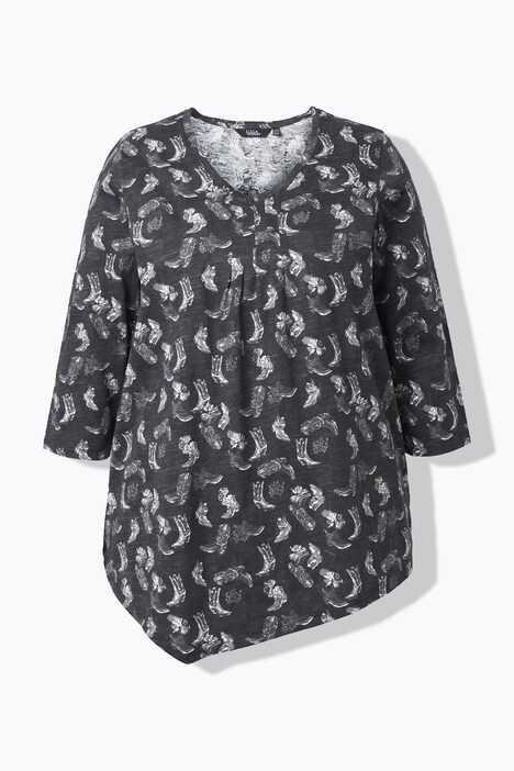 T-shirt à fleurs, plis fantaisie, décolleté en V et manches 3/4, coupe évasée