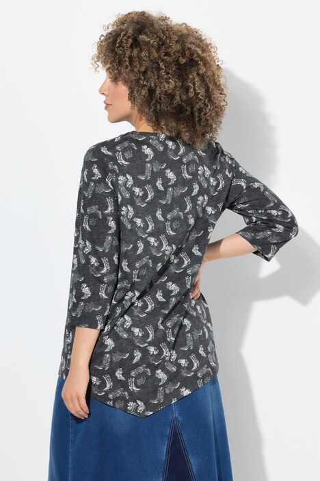 T-shirt à fleurs, plis fantaisie, décolleté en V et manches 3/4, coupe évasée