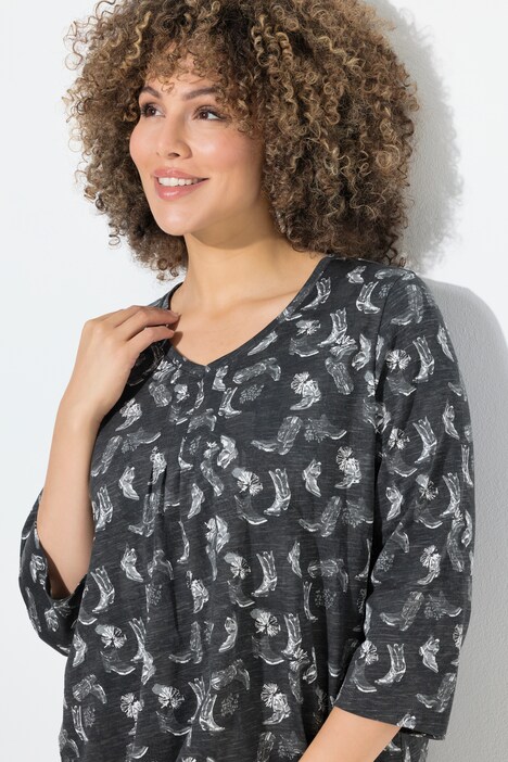 T-shirt à fleurs, plis fantaisie, décolleté en V et manches 3/4, coupe évasée