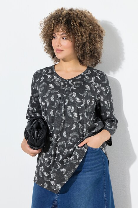 T-shirt à fleurs, plis fantaisie, décolleté en V et manches 3/4, coupe évasée