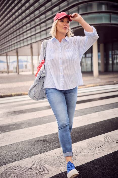 Gestreepte blouse, crêpe, overhemdkraag, lange mouwen