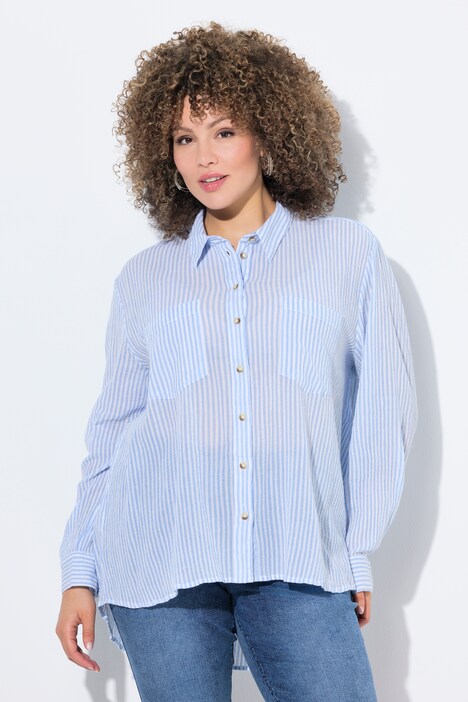 Gestreepte blouse, crêpe, overhemdkraag, lange mouwen