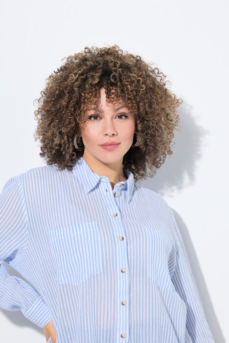 Gestreepte blouse, crêpe, overhemdkraag, lange mouwen