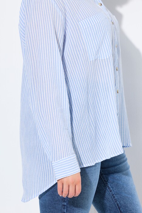 Gestreepte blouse, crêpe, overhemdkraag, lange mouwen