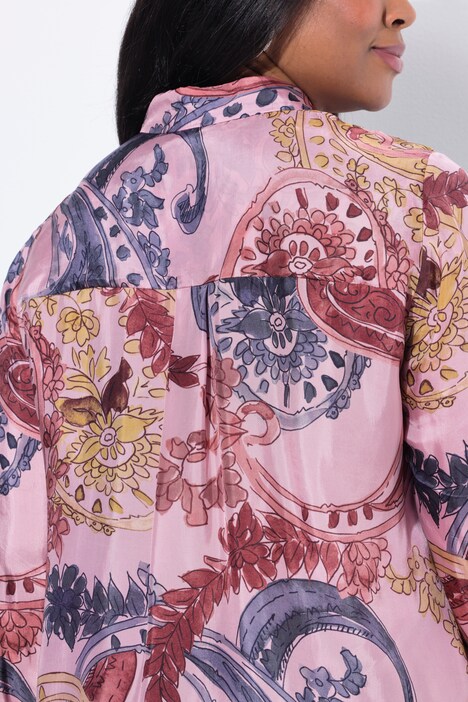 Chemisier en cupro motif à fleurs, col chemise et manches longues