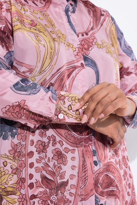 Chemisier en cupro motif à fleurs, col chemise et manches longues