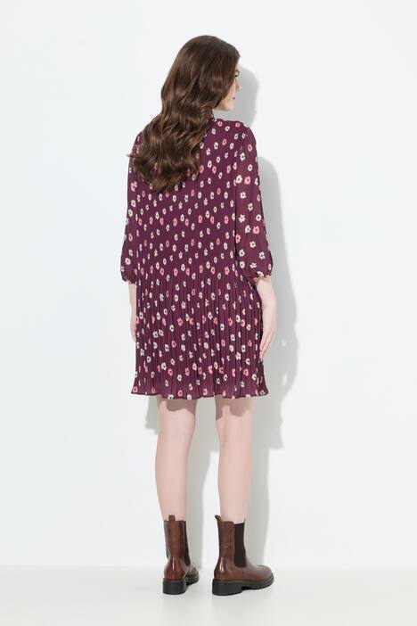 Vestido plisado, flores, de doble capa, cuello redondo, manga 3/4