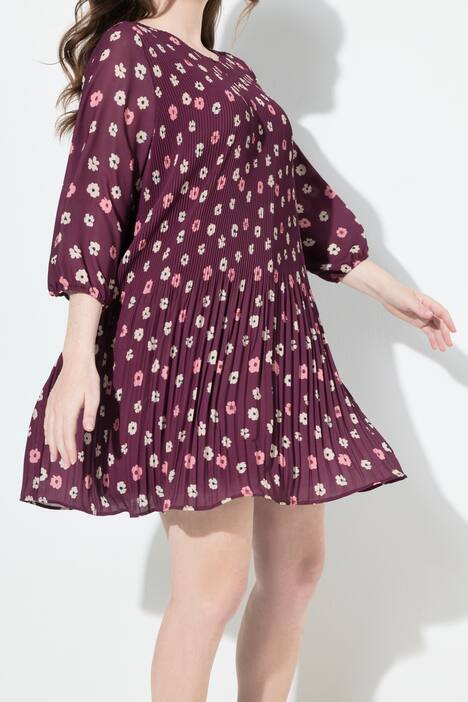 Vestido plisado, flores, de doble capa, cuello redondo, manga 3/4