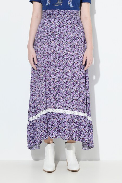 Jupe midi motif floral, taille élastique et coupe évasée