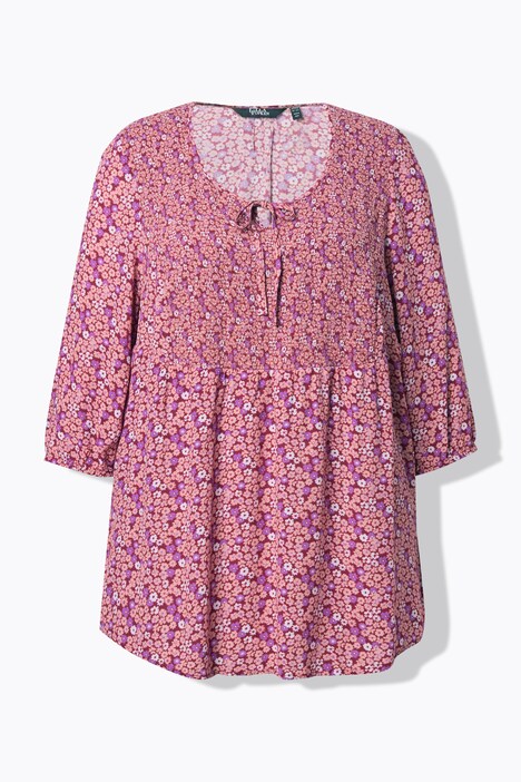 Blouse smockée, motif à fleurs, décolleté rond et manches 3/4, coupe évasée